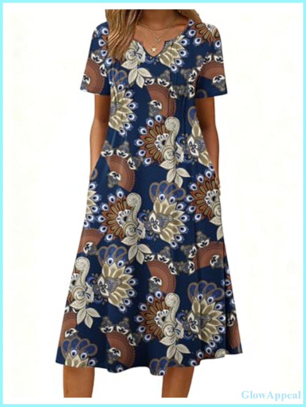 Women's Casual Summer Midi Dress with Pockets Flowy Pleated A-Line Short Sleeve